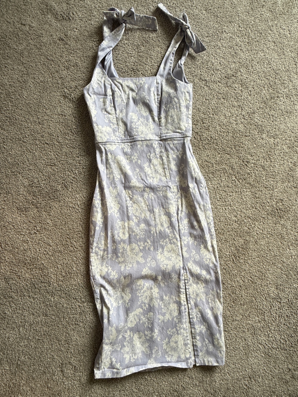 Trixxi Lavender Midi Dress with Cream Floral Jacquard and Tie Straps